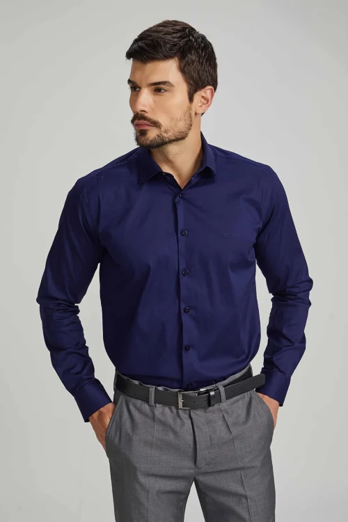Camisa Masculina Slim Algodão com Elastano Azul Marinho