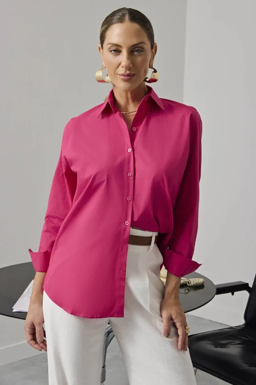 Camisa Feminina Oversize Manga Longa Rosa