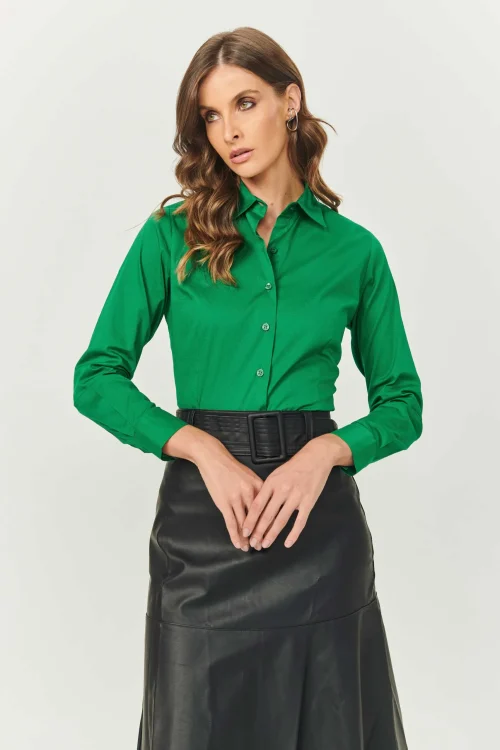 Camisa Feminina Slim Manga Longa de Algodão Verde