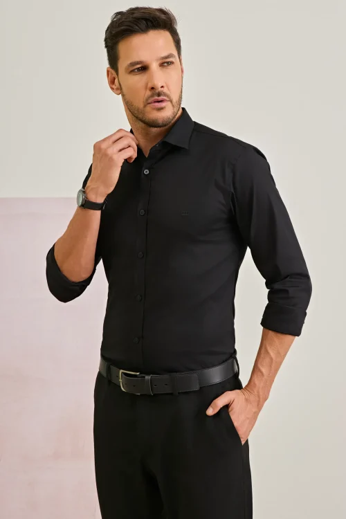 Camisa Masculina Slim Algodão com Elastano Preta