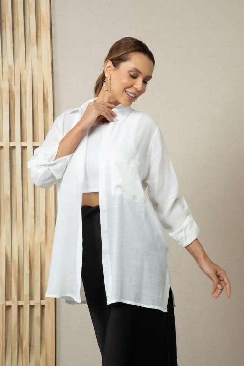 Chemise Feminina Maya Manga Longa Branca
