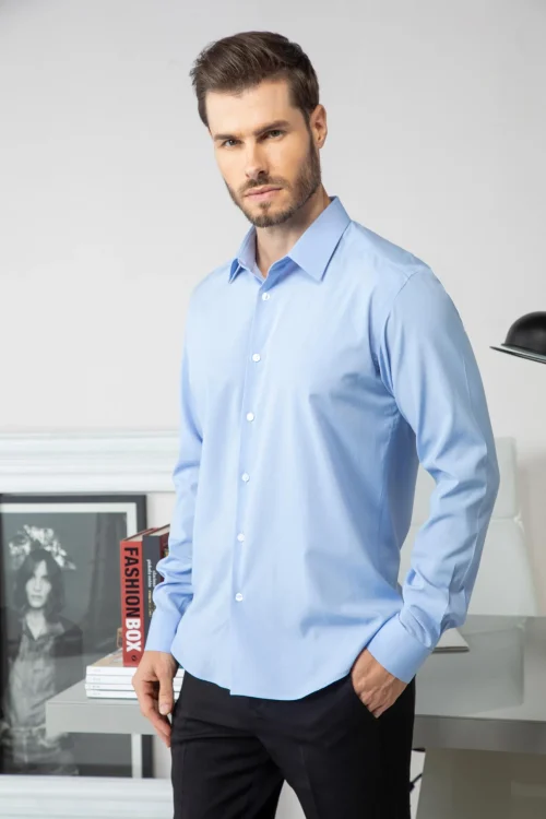 Camisa Masculina Slim Sem Logo Azul