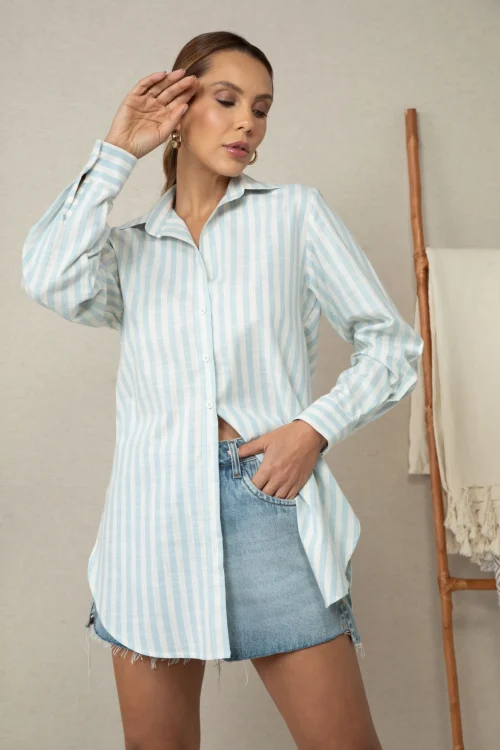 Camisa Chemise Feminina Listrada Azul