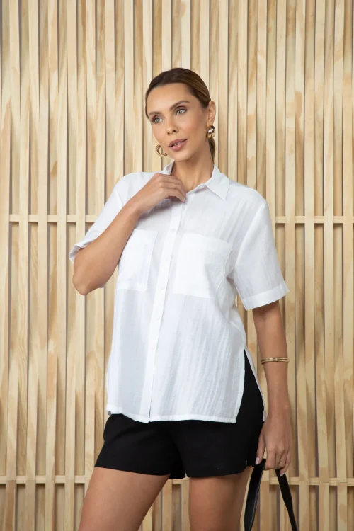 Camisa Feminina Sarah Manga Curta Branca