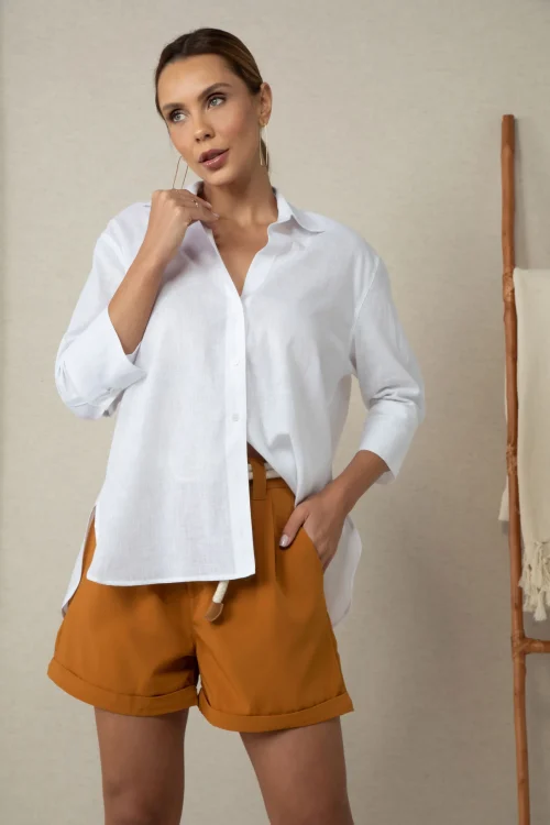 Camisa Feminina Taylor Manga 3/4 Branca de Linho