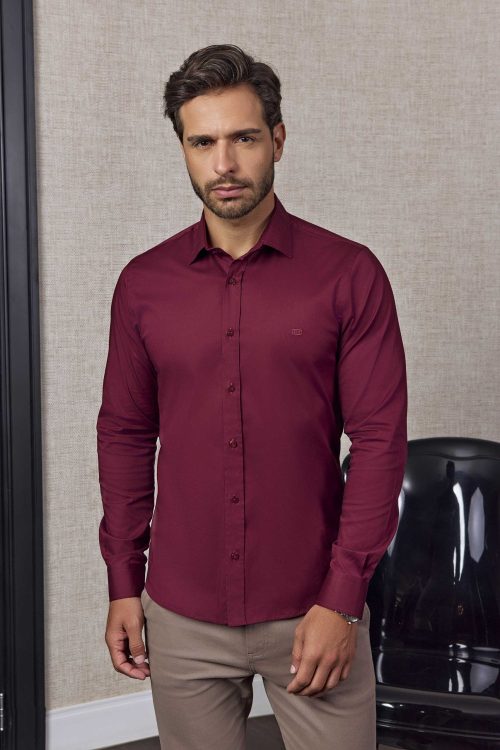 Camisa Masculina Slim Algodão com Elastano Bordo