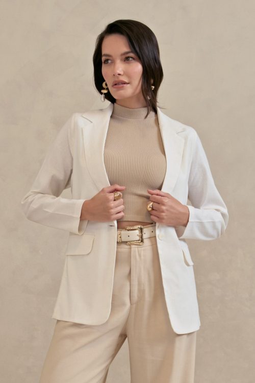 Blazer Feminino com Linho Manga Longa Off White Forrado