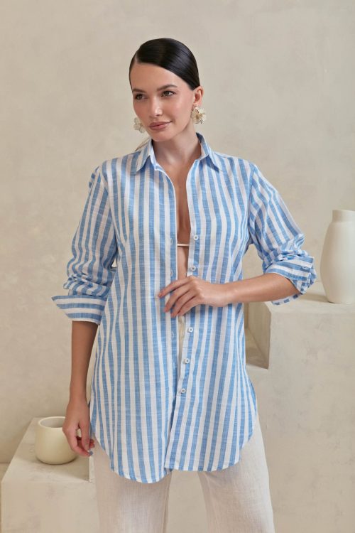 Camisa Chemise Feminina Listrada Azul