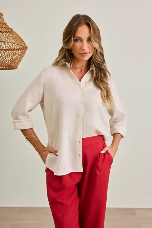 Camisa 100% Linho Feminina Bege