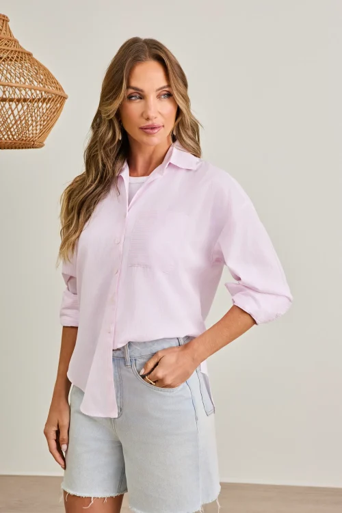 Camisa Feminina Cassie Oversize Listrada Rosa