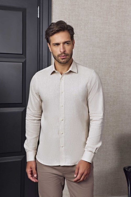 Camisa Masculina Slim 100% Linho Bege