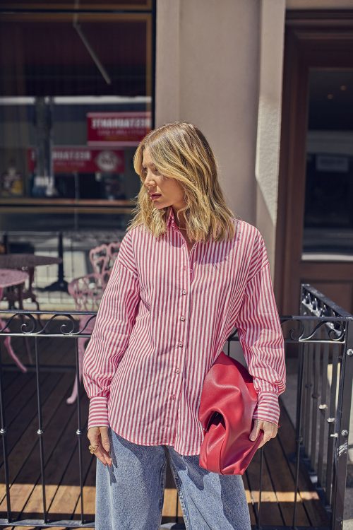 Camisa Feminina Listrada Vermelha Cathe