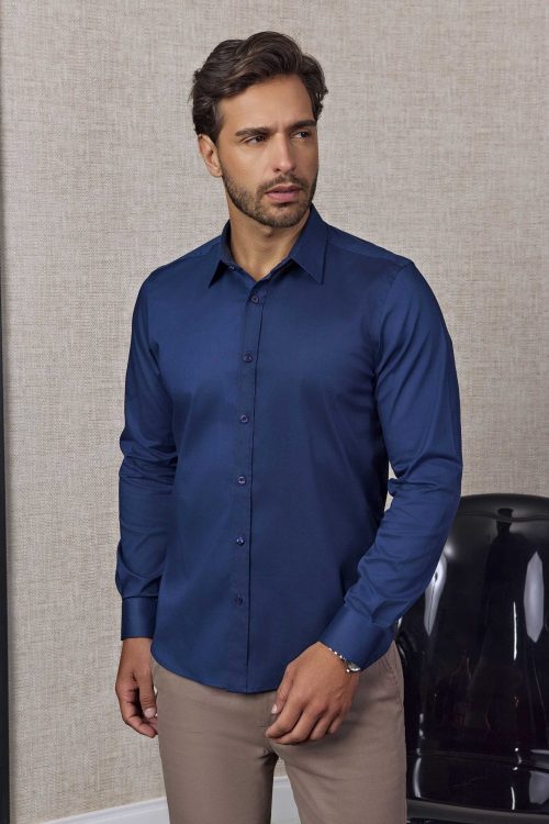 Camisa Masculina Regular Algodão com Elastano Azul Marinho