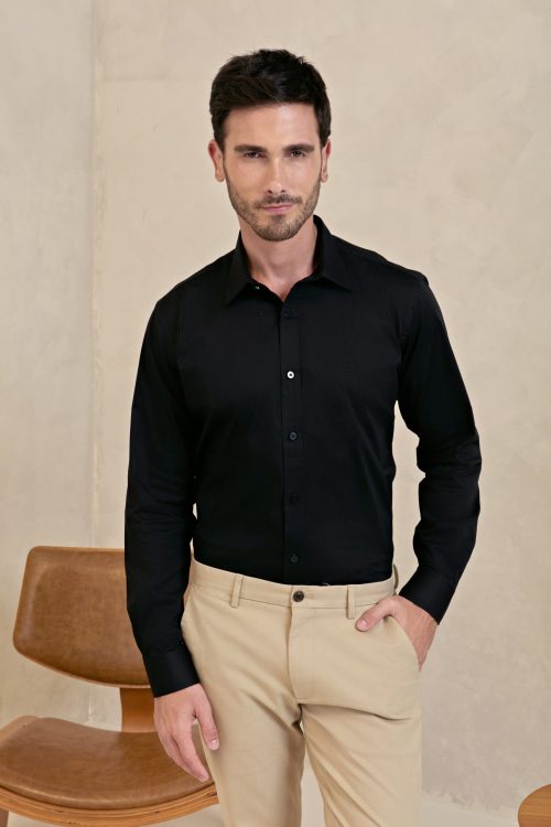 Camisa Masculina Regular Algodão com Elastano Preta