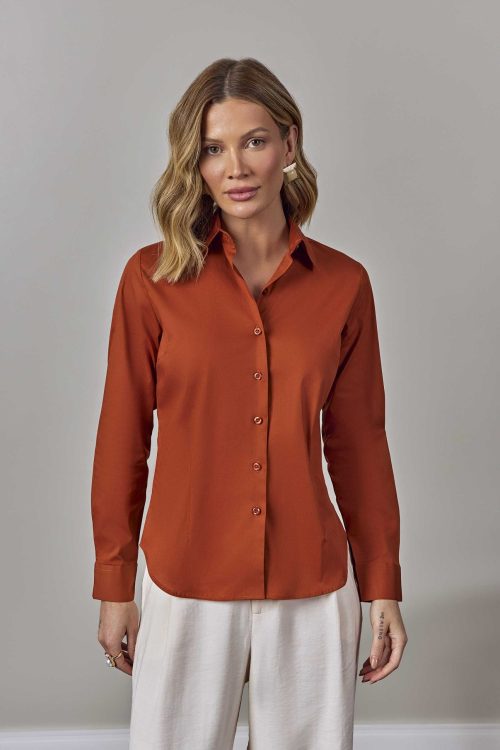 Camisa Feminina Slim Manga Longa de Algodão Terracota